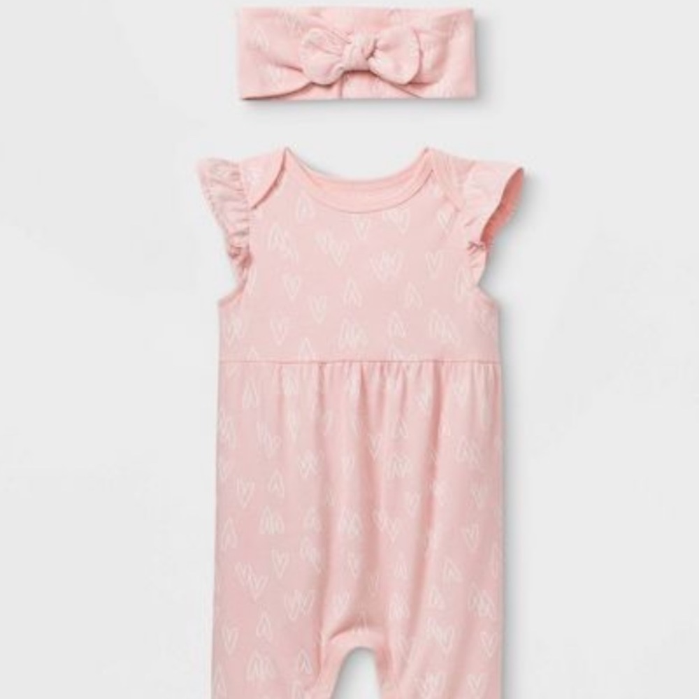 New Baby Girls' Ruffle Sleeve Romper with Headband